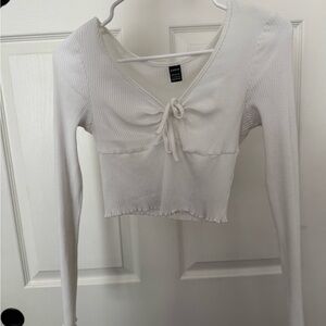 SHEIN White Ribbed Tie-Front Long Sleeve Crop Top